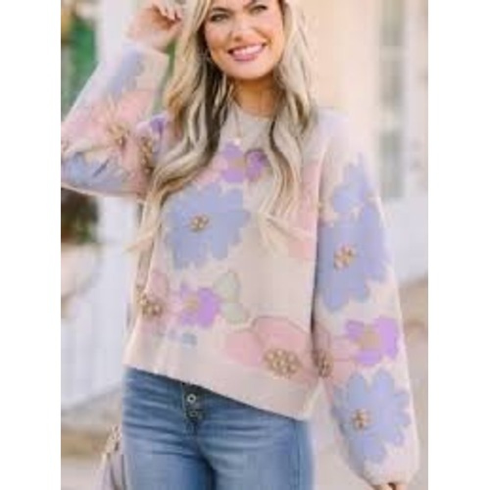 Storia Floral Knit Sweater Pastel Popcorn 3D Flower Pullover Crewneck Small